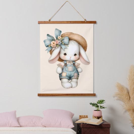 Schattige konijn in Overalls met Straw Pet & Bow Hangend Wandkleed (Slaapkamer)