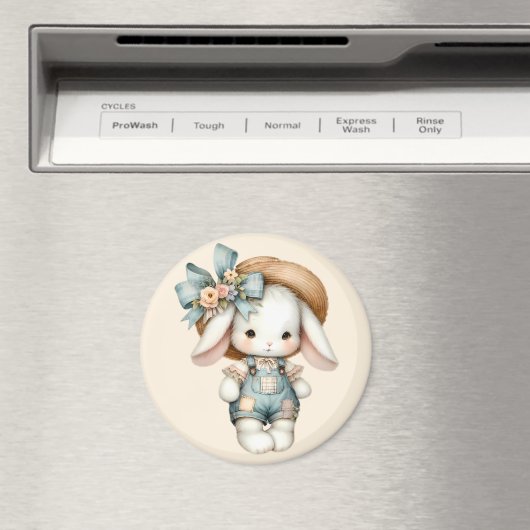 Schattige konijn in Overalls met Straw Pet & Bow Magneet (Insitu (Vaatwasser))