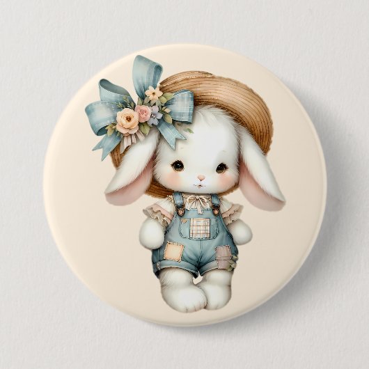 Schattige konijn in Overalls met Straw Pet & Bow Ronde Button 7,6 Cm (Voorkant)