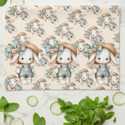 Schattige konijn in Overalls met Straw Pet & Bow Theedoek (Gevouwen)