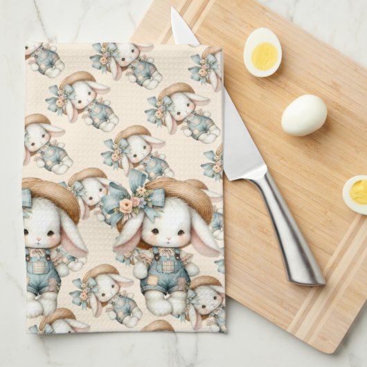 Schattige konijn in Overalls met Straw Pet & Bow Theedoek (Quarter Fold)