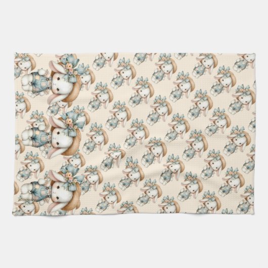 Schattige konijn in Overalls met Straw Pet & Bow Theedoek (Horizontaal)