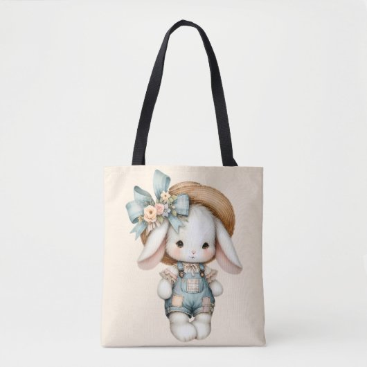 Schattige konijn in Overalls met Straw Pet & Bow Tote Bag (Voorkant)