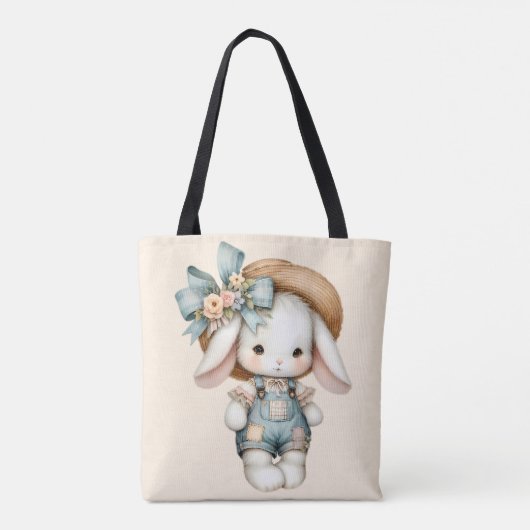 Schattige konijn in Overalls met Straw Pet & Bow Tote Bag (Achterkant)