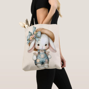 Schattige konijn in Overalls met Straw Pet & Bow Tote Bag