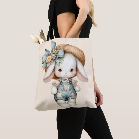 Schattige konijn in Overalls met Straw Pet & Bow Tote Bag (Dichtbij)