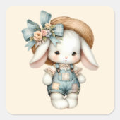 Schattige konijn in Overalls met Straw Pet & Bow Vierkante Sticker (Voorkant)