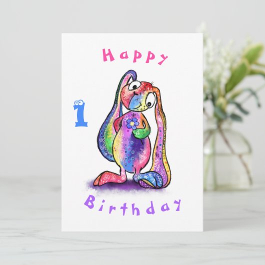 Schattige konijn met bloem Baby Verjaardag Kaart (Staand voorkant)