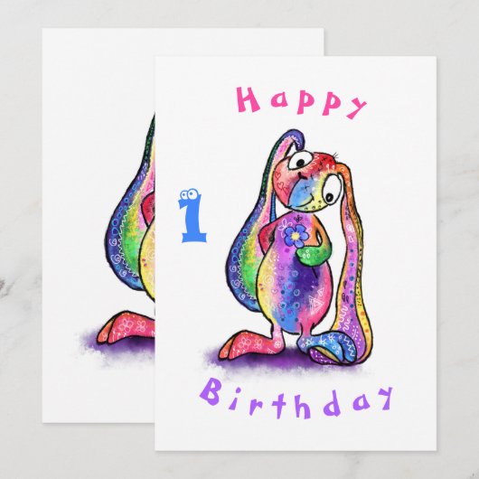 Schattige konijn met bloem Baby Verjaardag Kaart (Voorkant / Achterkant)