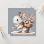 Schattige konijn met bloemen Waterverf Art Kaart (Voorkant / Achterkant in situ)