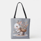 Schattige konijn met bloemen Waterverf Art Tote Bag (Achterkant)