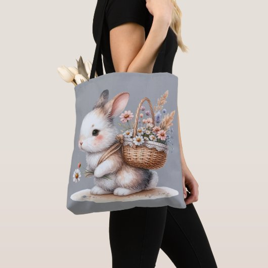 Schattige konijn met bloemen Waterverf Art Tote Bag (Dichtbij)