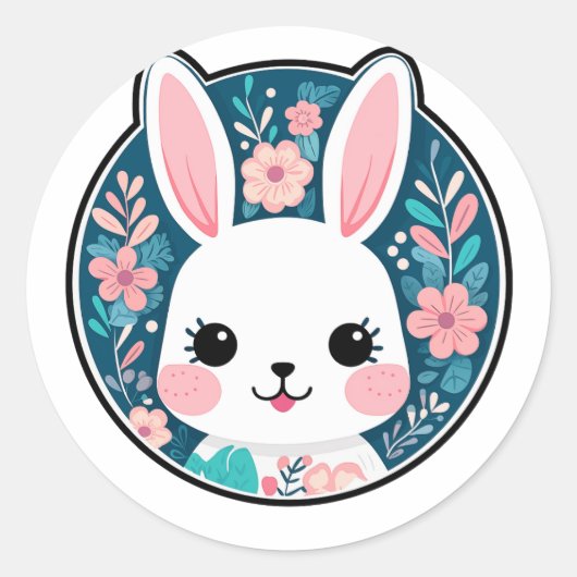 Schattige Konijn met Bloempatroon Ronde Sticker (Voorkant)