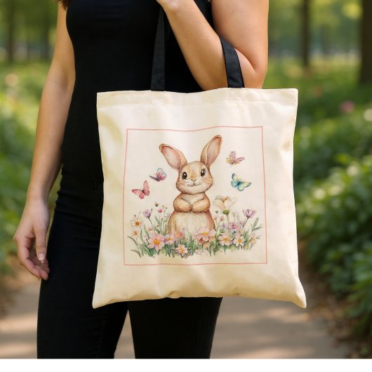 Schattige konijn met vlinders en voorjaarsbloemen tote bag