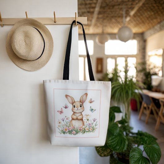 Schattige konijn met vlinders en voorjaarsbloemen tote bag