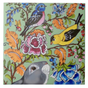 Schattige Konijn Muurschildering Bloemen Groen BKG Tegeltje