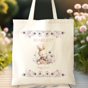 Schattige Konijn Paarse Bloemen Meisje Naam Paasei Tote Bag