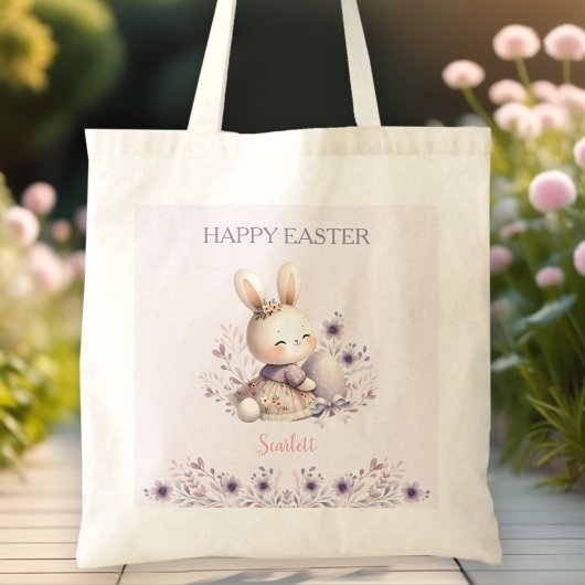 Schattige Konijn Paarse Bloemen Naam Eierjacht Pas Tote Bag