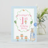 Schattige konijn roze 1e verjaardagsfeestje kaart (Staand voorkant)