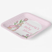 Schattige konijn roze gingham Baby shower Papieren Bordje (Gebogen)