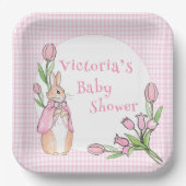 Schattige konijn roze gingham Baby shower Papieren Bordje (Voorkant)