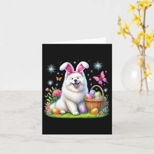 Schattige konijn Samoyed Dog Paaseieren Mand Pasen Kaart (Gele Bloem)