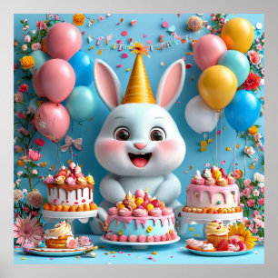 🐰 Schattige Konijn Verjaardags Poster Feest Decor