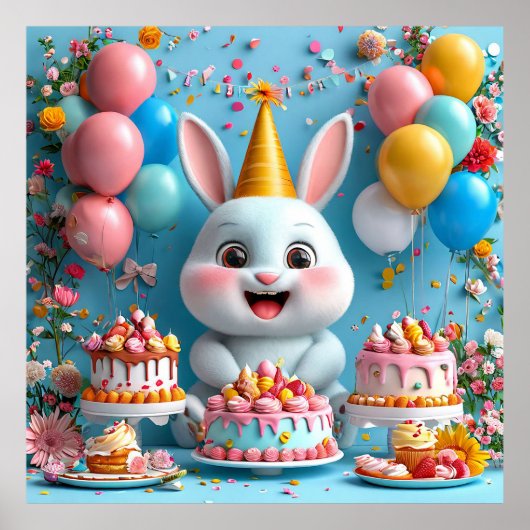 🐰 Schattige Konijn Verjaardags Poster Feest Decor (Voorkant)
