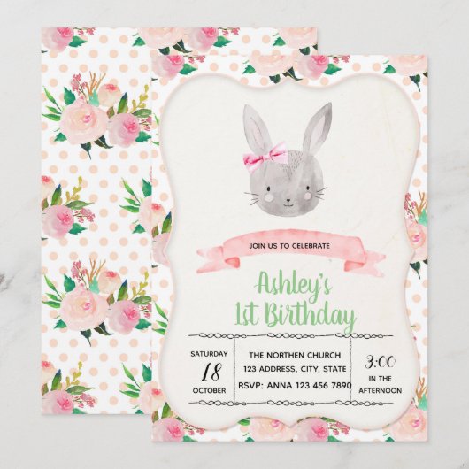 Schattige konijn verjaardagsfeestje kaart (Voorkant / Achterkant)