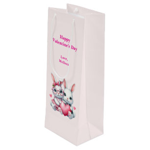 Schattige konijnen delen een hart Valentijnsdag Wijn Cadeautas
