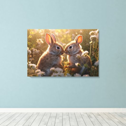 Schattige konijnen in Spring Meadow Design Canvas Afdruk (Insitu (Houten vloer))