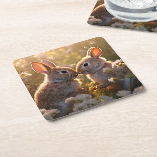 Schattige konijnen in Spring Meadow Design Kartonnen Onderzetters (Schuin)