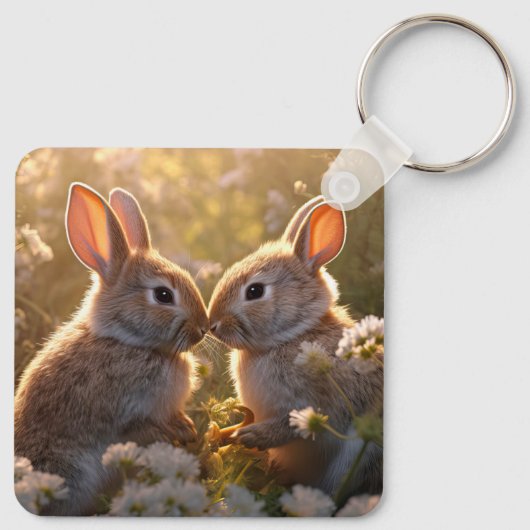 Schattige konijnen in Spring Meadow Design Sleutelhanger (Achterkant)
