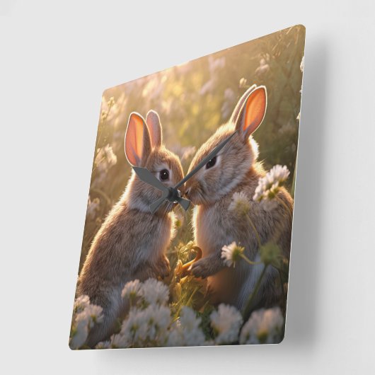 Schattige konijnen in Spring Meadow Design Vierkante Klok (Hoek)