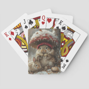 Schattige konijnen onder paddenstoel winter speelk pokerkaarten