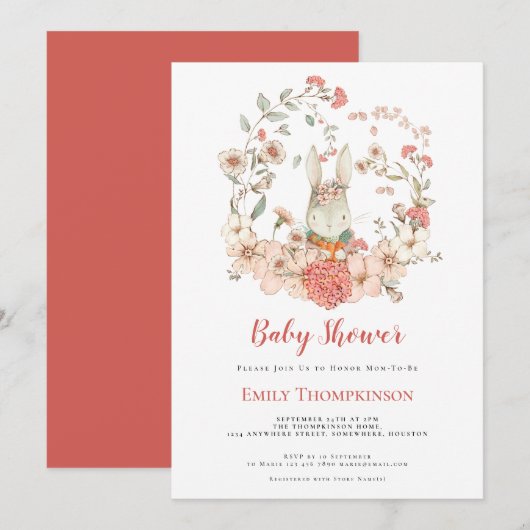  Schattige Konijnenbladerenkoraal Baby shower Kaart (Voorkant / Achterkant)