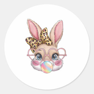 Schattige konijnengezicht Leopard Bow Girls Happy Ronde Sticker