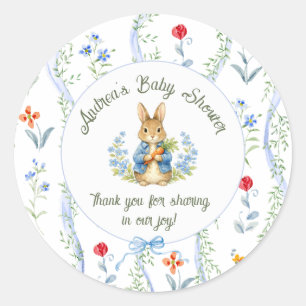 Schattige konijnenjongen bloemboeket blauwe strik ronde sticker
