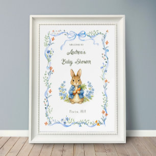 Schattige Konijnenjongen Bloemenslingers Blauwe St Poster