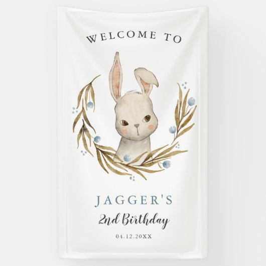 Schattige Konijnenjongen Verjaardagsfeestje Welkom Spandoek (Verticaal)