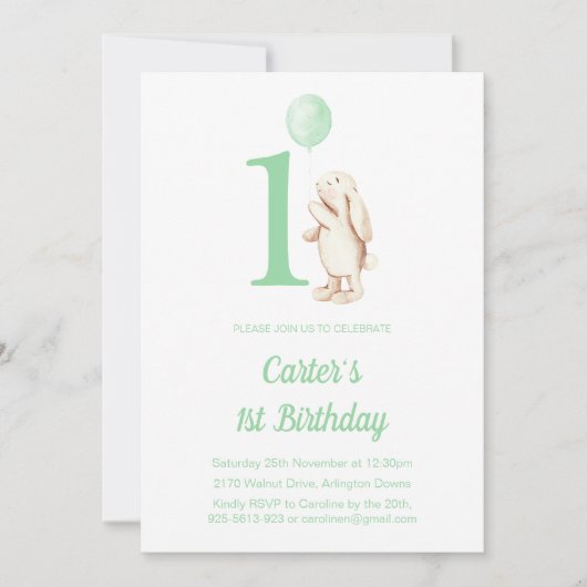 Schattige Konijnenkonijn & Ballongroen 1e Verjaard Kaart (Voorkant)