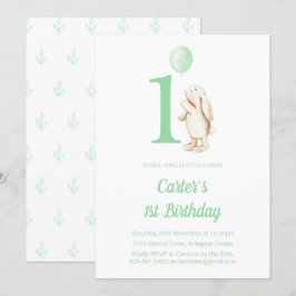 Schattige Konijnenkonijn & Ballongroen 1e Verjaard Kaart