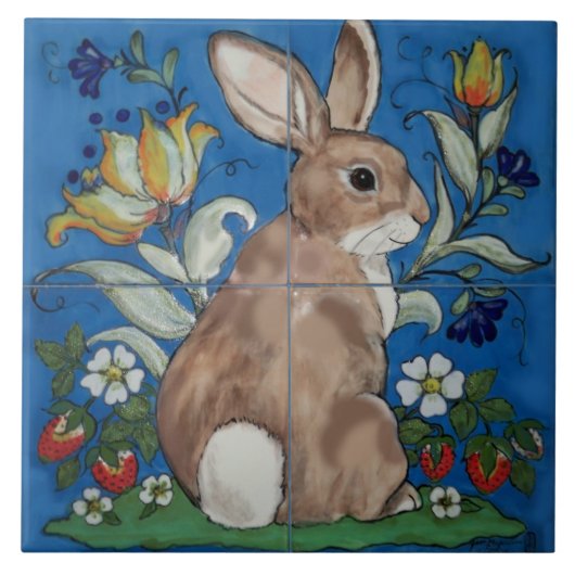 Schattige Konijnenkonijn Blauw Lente Bloemen Pasen Tegeltje (Voorkant)