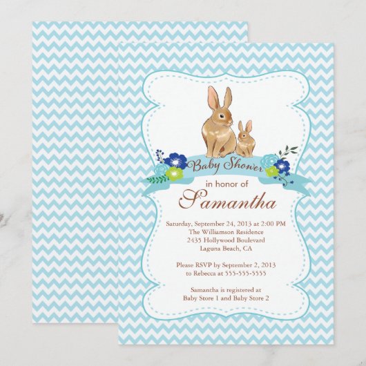 Schattige Konijnenkonijn Jongen Baby Douche Uitnod Kaart (Voorkant / Achterkant)