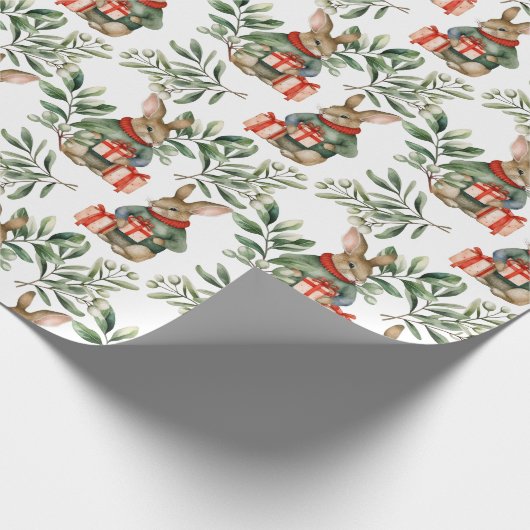 Schattige Konijnenkonijn Waterverf Kerstvakantie Cadeaupapier (Hoek)