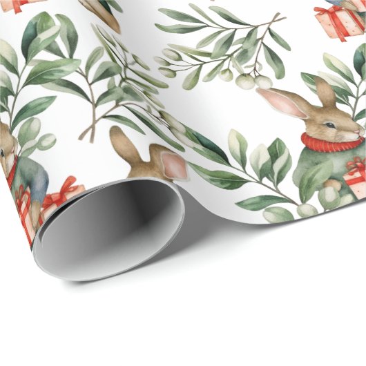 Schattige Konijnenkonijn Waterverf Kerstvakantie Cadeaupapier (Rol Hoek)