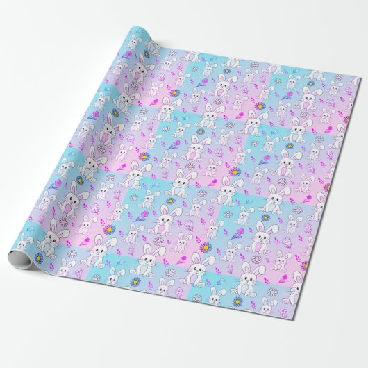 Schattige Konijnenpastel Roze Baby Blauw Fun Anima Cadeaupapier (Uitgerold)