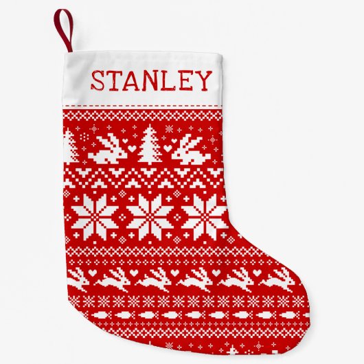 Schattige Konijnenvakantiepatroon Rood en Wit Kleine Kerstsok (Voorkant)