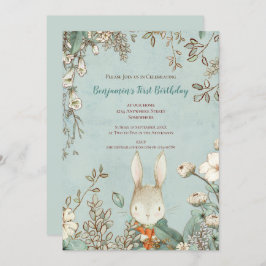  Schattige konijntje bloemblaadjes 1e verjaardagsj Kaart