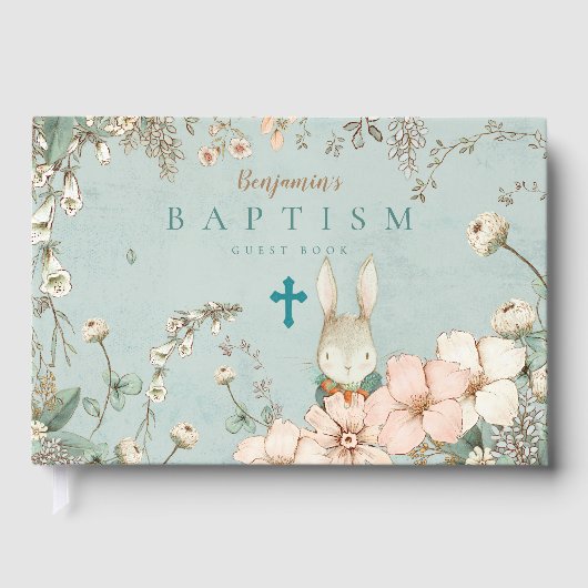  Schattige Konijntje Bloemen Groen Baby Doop Gastenboek (Voorkant)